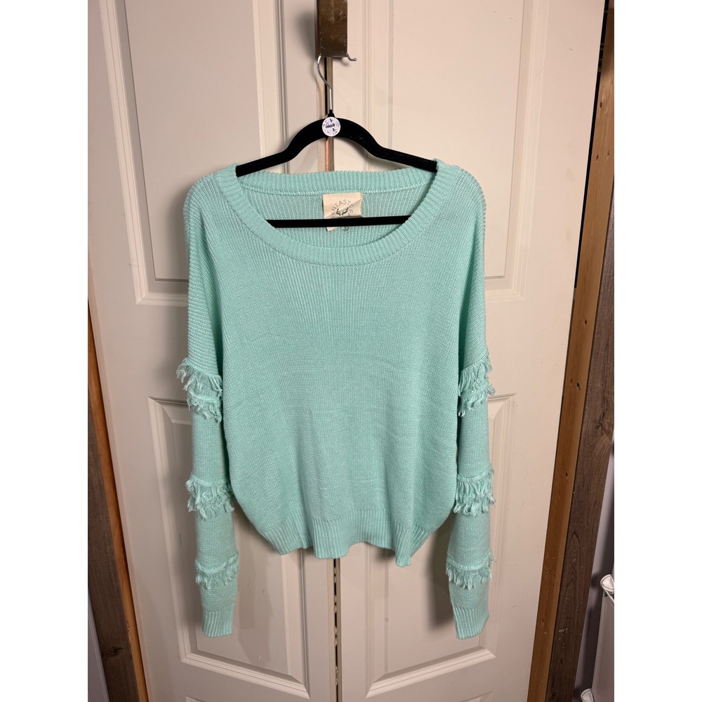 Fantastic Fawn Mint Green Fringe Sleeve Knit Sweater Womens Long Sleeve Top